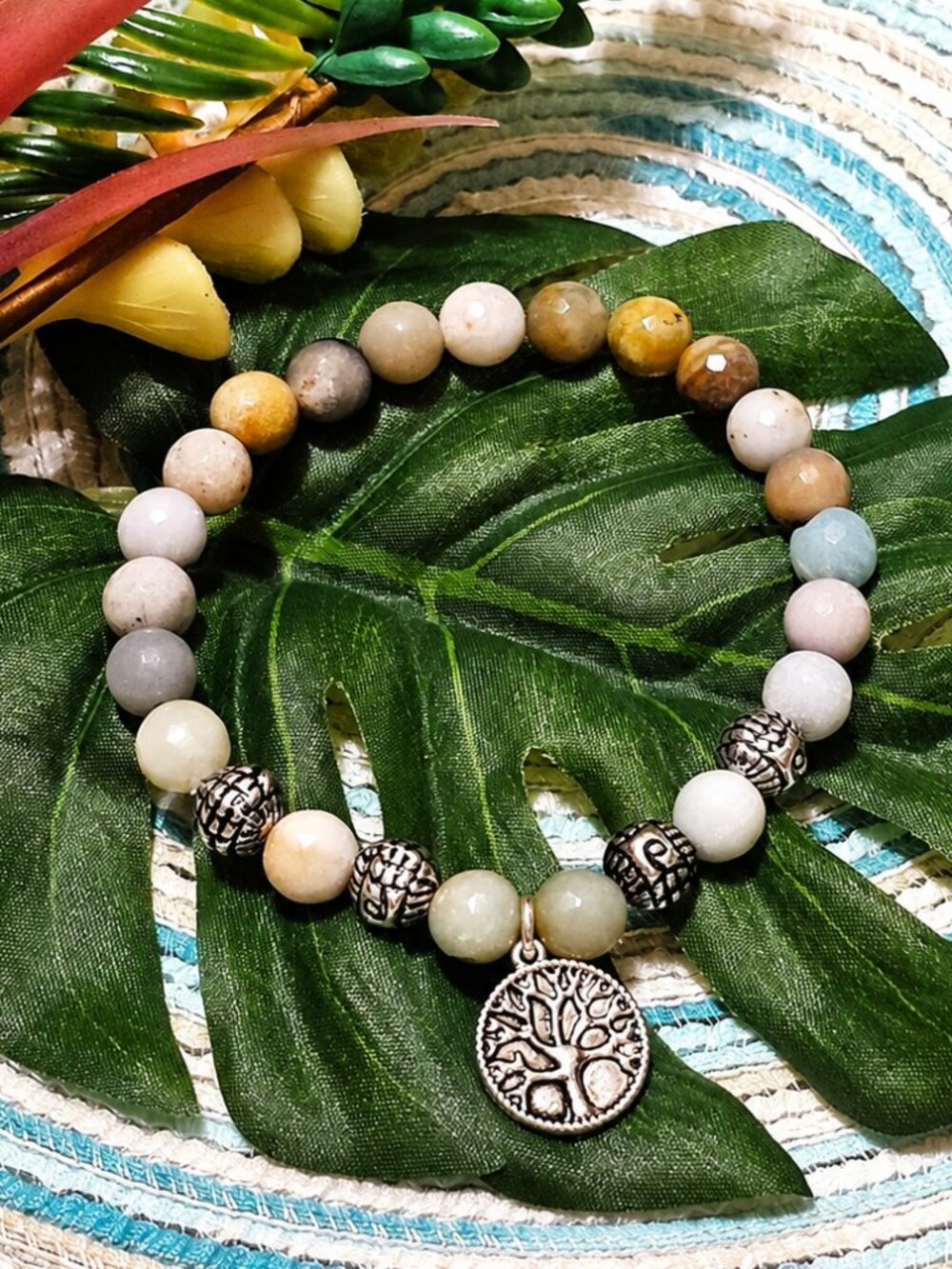 Coastal Boho Tree of Life Charm Bracelet Semi-Precious Stone & Silver Beaded NWT